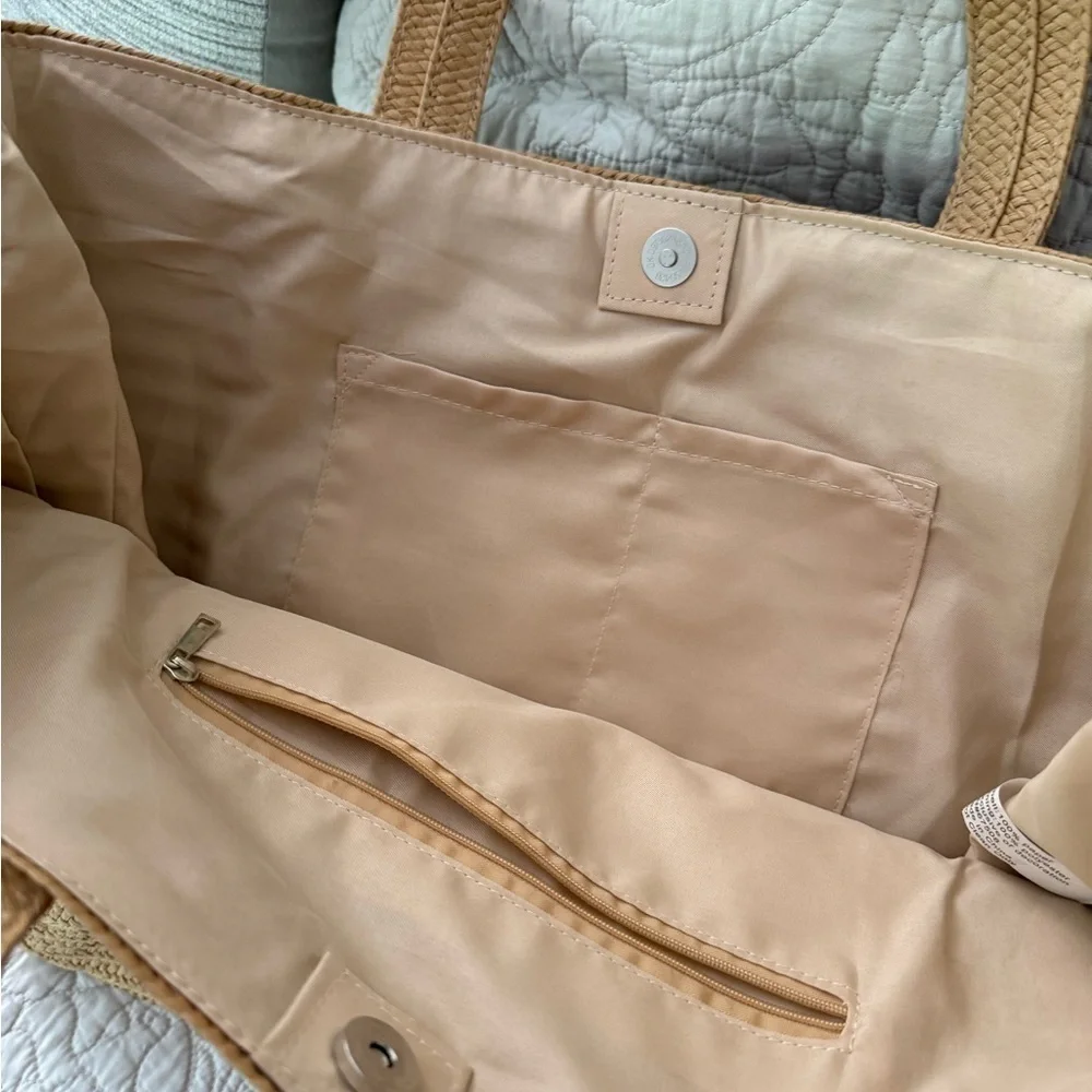 Straw Tote Bag Pearl Lettering Floral Accent